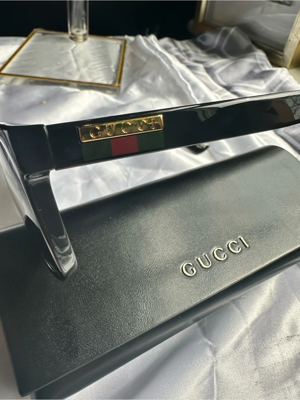 NWOT Authentic Gucci Black Sunglasses with Gold Tone Accents & Web Stripe